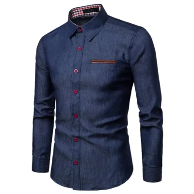 Mens Autumn Elastic Denim Cowboy Casual Long Sleeve Slim Fit Muscle Fitness Button Shirt Party T Dress Up Shirts For Men