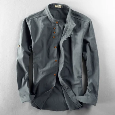 New Fashion Spring Autumn Men Long Sleeve T-shirt Clothes for Men Mandarin Collar Chinese Style Slim Casual Linen Men Shirt