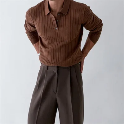 Lapel Sweater Long Sleeve Solid Color Men's Knitted Polo Shirt Sehe Fashion
